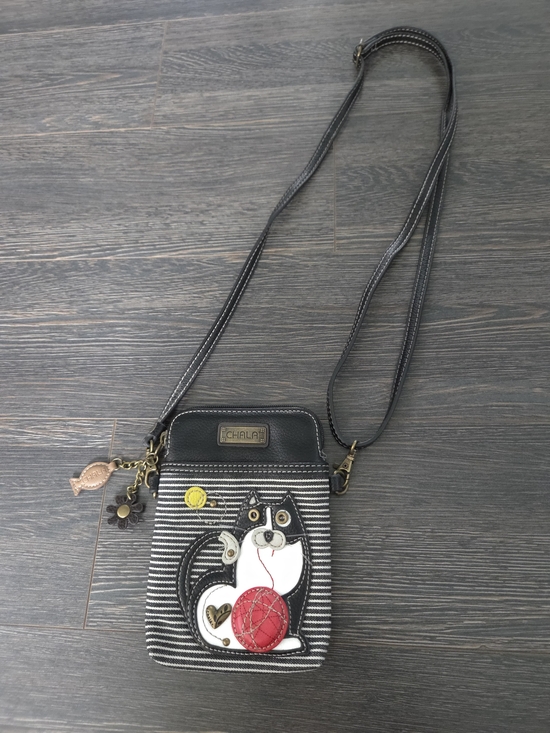 Chala Handbags - Chala Black & White Striped Crossbody with Cat Applique and Red Ball Accent